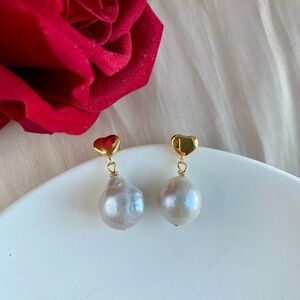 Fresh water pearl earrings/ Baroque round pearls/ Stud heart earrings / Dangle s